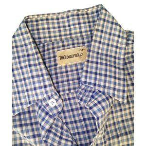 Vintage Wedgefield Mens Blue Tan Check Button Down Shirt Long Sleeve Size M.A130